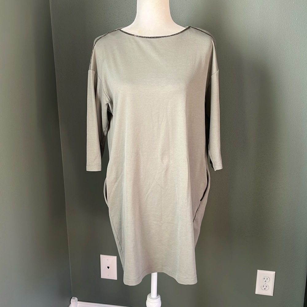 Fabiana Filippi Green Boatneck Shift Dress 3/4 Sleeves with Pockets Cotton
